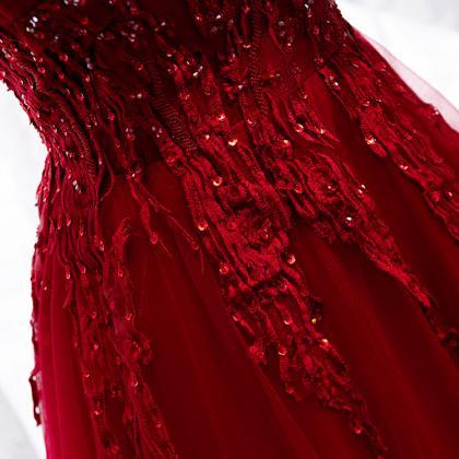 Burgundy Tulle Lace Long Prom Dress Evening Dress