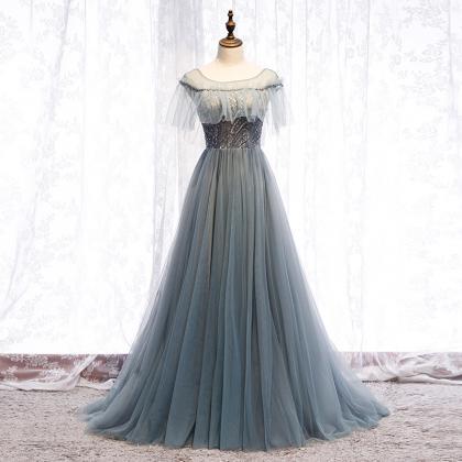 Gray Tulle Lace Long Ball Gown Dress Formal Dress