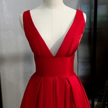 Red V Neck Satin Long Prom Gown Dress