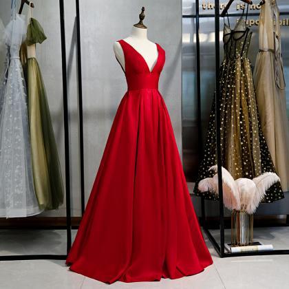Red V Neck Satin Long Prom Gown Dress
