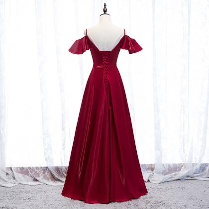 Burgundy Off Shoulder Satin Long Prom Dress