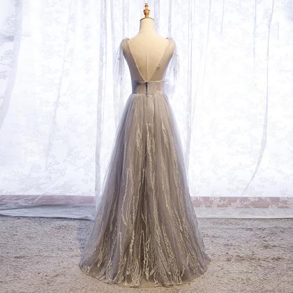 Gray V Neck Tulle Long Prom Dress Formal Dress