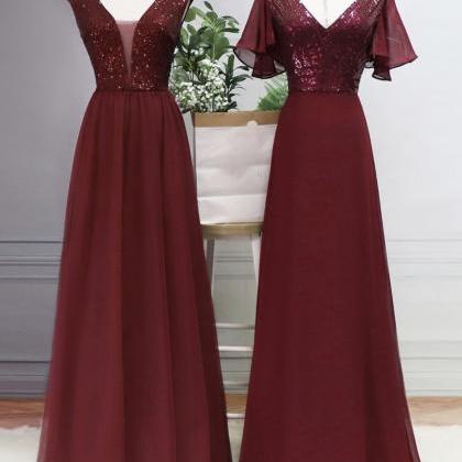 Burgundy V Neck Sequins Long Prom Dress Evening..