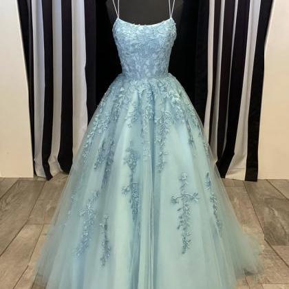 Blue Tulle Lace Long Ball Gown Dress Formal Dress