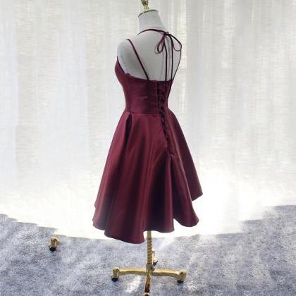 Burgundy Satin Short Prom Dress Homecoming Dress