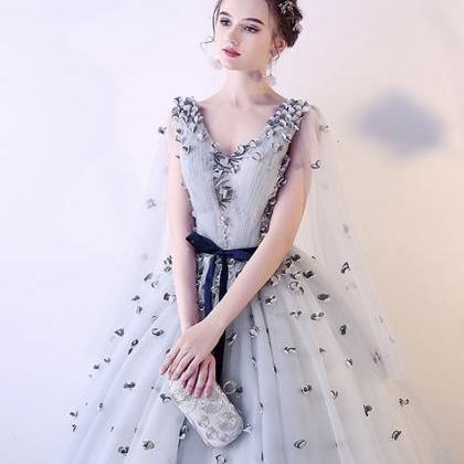 Elegant V Neck Applique Long Ball Gown Dress..