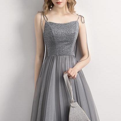 Gray Tulle Sequins Tea Length Prom Dress Evening..