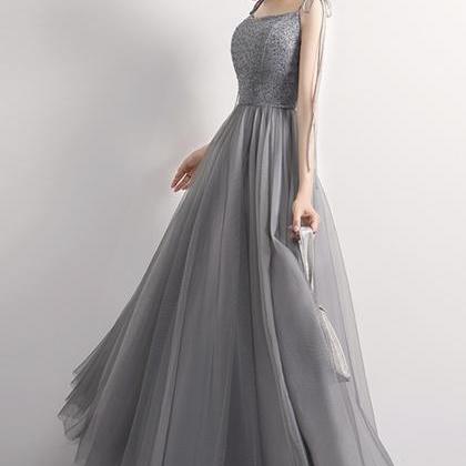 Gray Tulle Sequins Tea Length Prom Dress Evening..