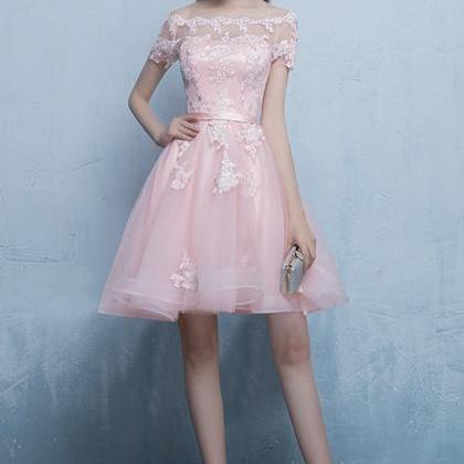 Cute Pink Tulle Lace Short Prom Dress Homecoming..