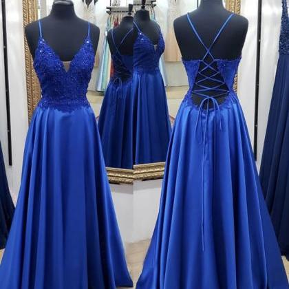 Blue V Neck Satin Lace Prom Dress Evening Dress