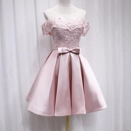 Pink Satin Lace Short Prom Dress Party Dress