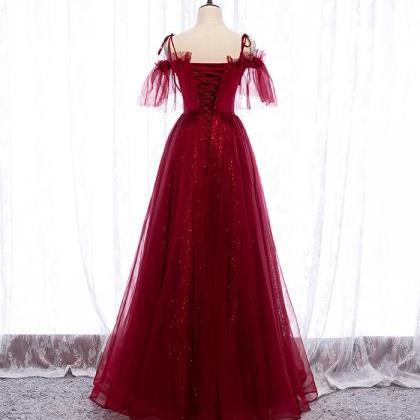 Burgundy Lace Long Prom Dress Evening Dress