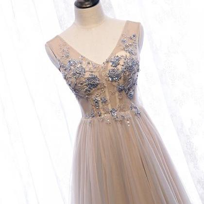 Champagne V Neck Tulle Beads Long Prom Gown Formal..