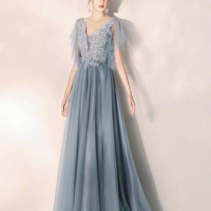 Blue V Neck Tulle Lace Long Prom Dress Formal..