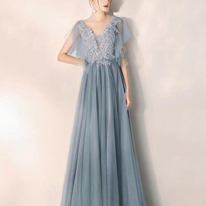 Blue V Neck Tulle Lace Long Prom Dress Formal..