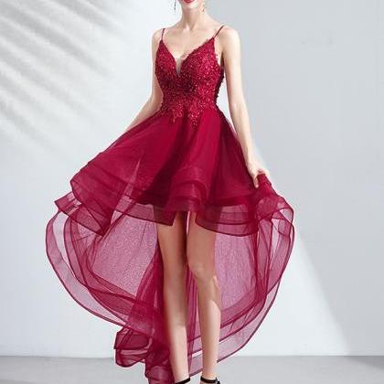 Burgundy Lace High Low Prom Dress Homecoming Dress