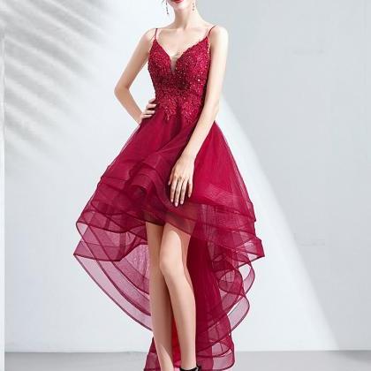Burgundy Lace High Low Prom Dress Homecoming Dress
