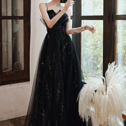 Black Lace Sequins Long Prom Dress Evening Dress
