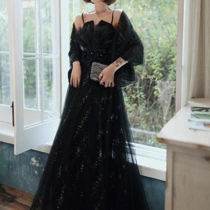 Black Lace Sequins Long Prom Dress Evening Dress