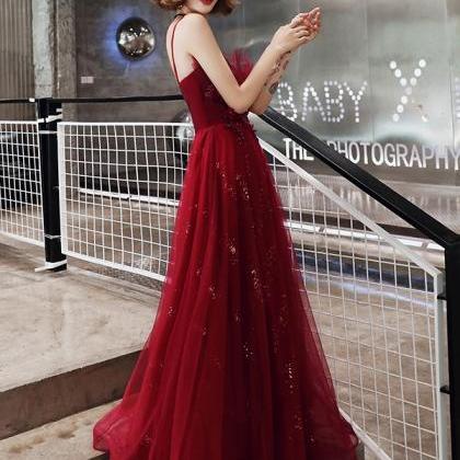 Burgundy Lace Sequins Long Prom Dress Evening..