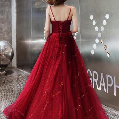 Burgundy Lace Sequins Long Prom Dress Evening..