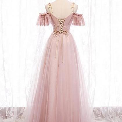 Pink Tulle Lace Long Prom Dress Evening Dress