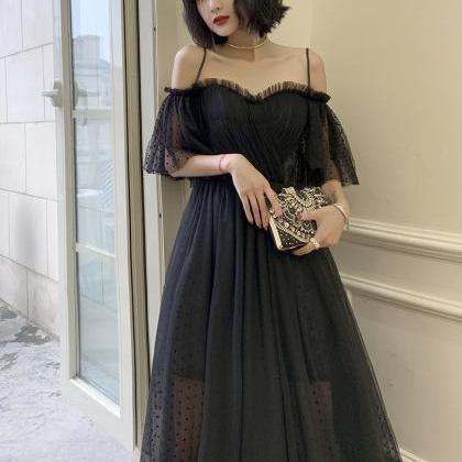 Black Tulle Long Prom Dresses, Black Evening Dress With Ruffles PO376