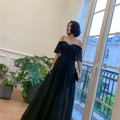 Black Tulle Long Prom Dresses, Black Evening Dress With Ruffles PO376 main image 1