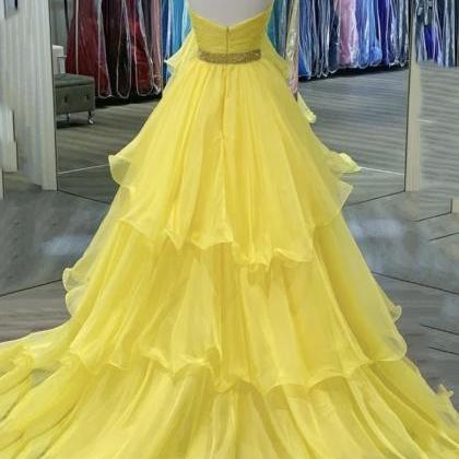 Yellow Tulle Long Prom Gown Formal Dress