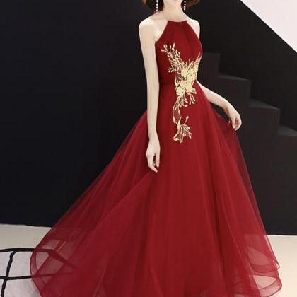 Burgundy Tulle Lace Prom Dress Evening Dress