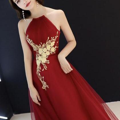 Burgundy Tulle Lace Prom Dress Evening Dress