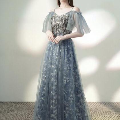 Blue Tulle Sequins Prom Dress Evening Dress