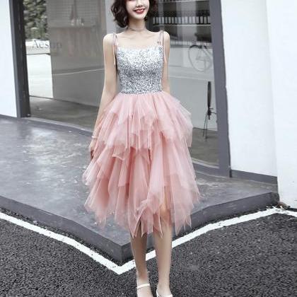 Pink Tulle Sequins Prom Dress Evening Dress
