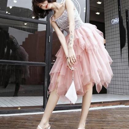 Pink Tulle Sequins Prom Dress Evening Dress