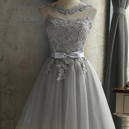 Gray Lace Short Prom Dress Lace Evening Dress