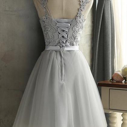 Gray Lace Short Prom Dress Lace Evening Dress