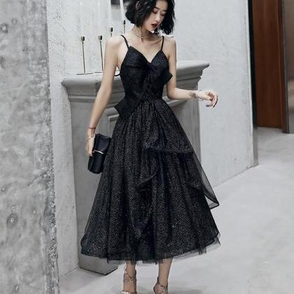 Black V Neck Tulle Sequins Prom Dress Short..