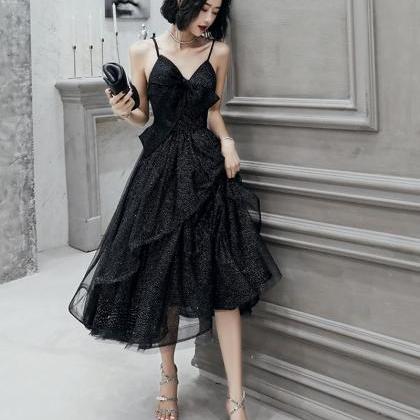 Black V Neck Tulle Sequins Prom Dress Short..