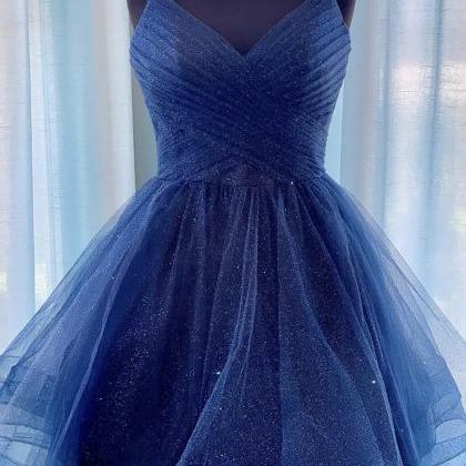 Blue V Neck Tulle Short Prom Dress Homecoming..