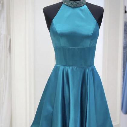 Blue Satin Beaded Short Prom Dress Homecoming..