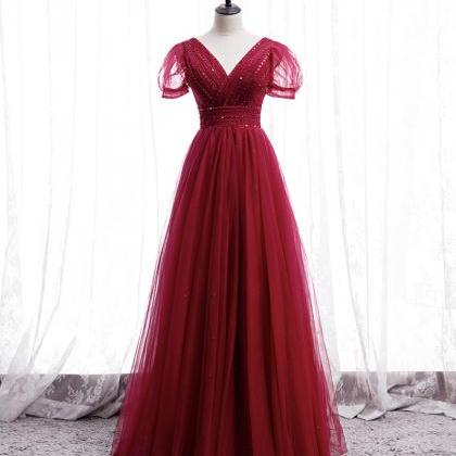 Burgundy V Neck Tulle Sequins Long Prom Dress..
