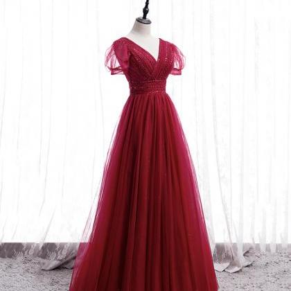 Burgundy V Neck Tulle Sequins Long Prom Dress..