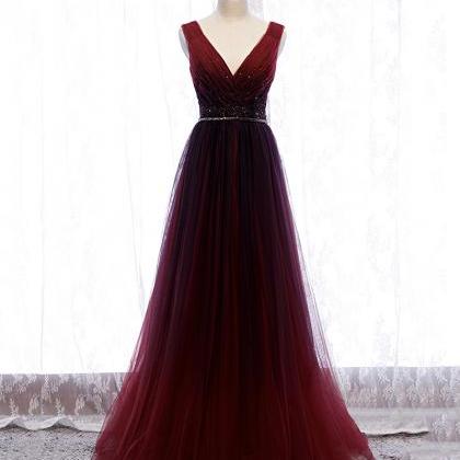 Burgundy V Neck Gradient Color Prom Dress Simple..