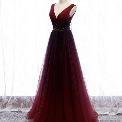 Burgundy V Neck Gradient Color Prom Dress Simple..