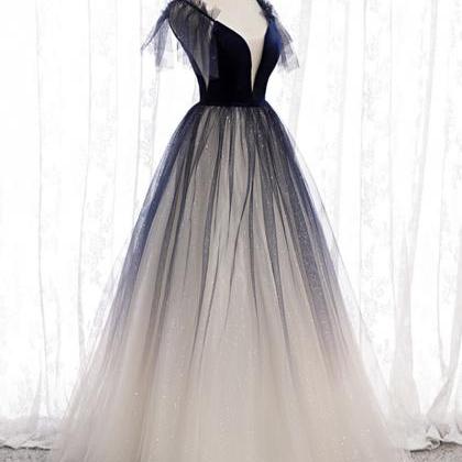 Blue V Neck Tulle Long Prom Gown Formal Dress