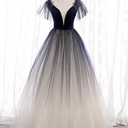 Blue V Neck Tulle Long Prom Gown Formal Dress