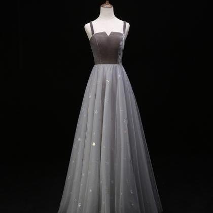 Gray Velvet Tulle Prom Dress Evening Dress