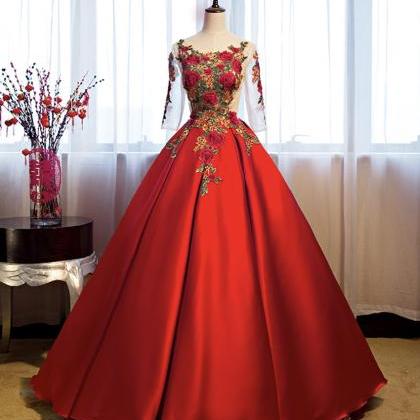 A Line 1/2 Sleeve Lace Satin Ball Gown Dress..