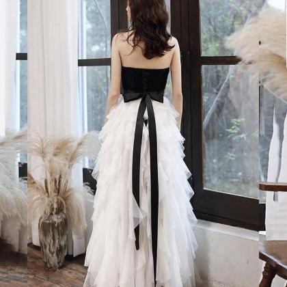 Black And Withe Tulle Long Prom Dress Sweetheart..