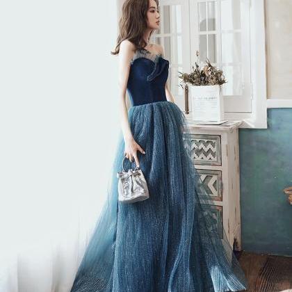 Blue Velvet Tulle Long Prom Dress Blue Evening..